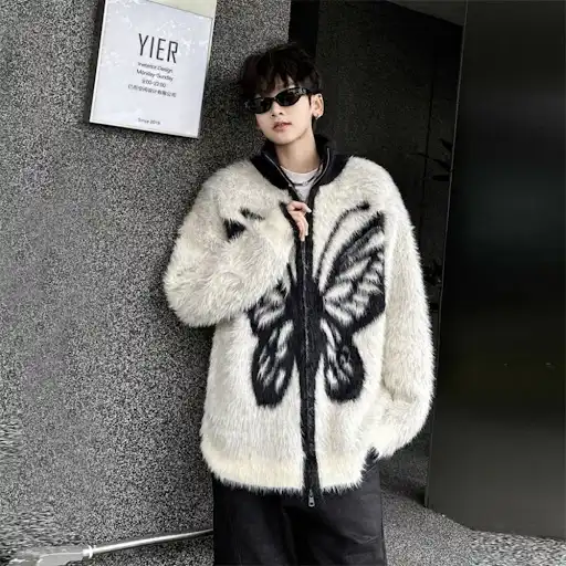 Product image of My9199 Butterfly Graffiti Knitted Fur Thick Cardigan Sweater