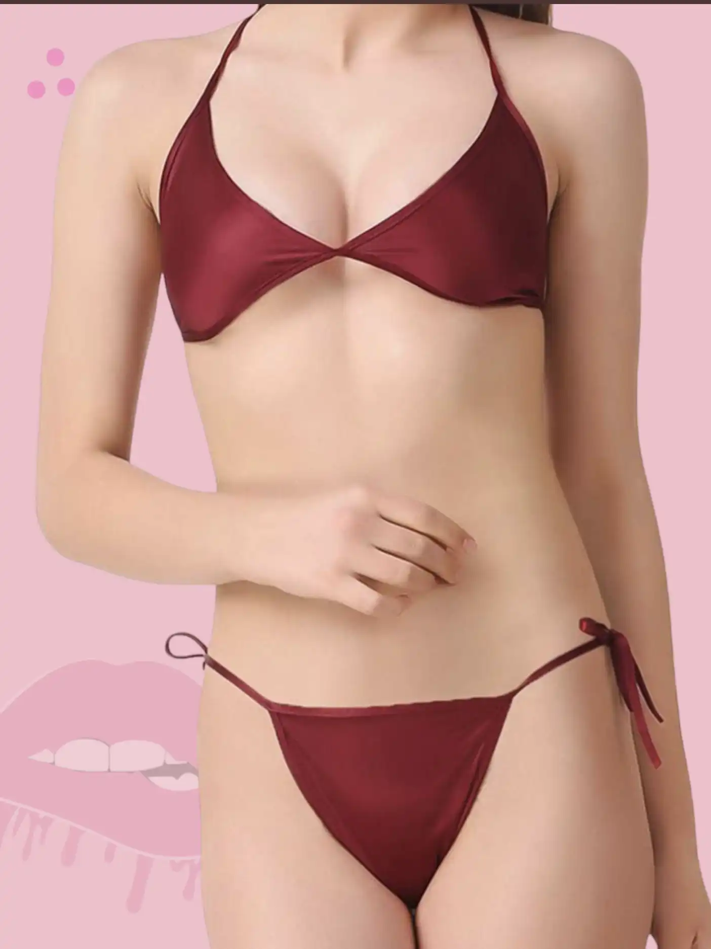 Maroon Lace Sexy Babydoll Lingerie Set For Girls