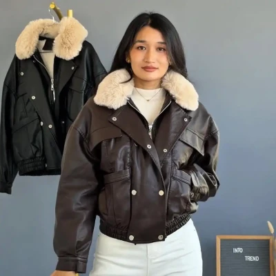 LEATHER  FUR REMOVABALE JACKET