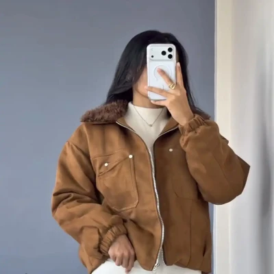 ATTACHED BROWN FUR SUEUD JACKET