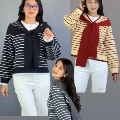 VNECK STRIPE WITH MUFFLER