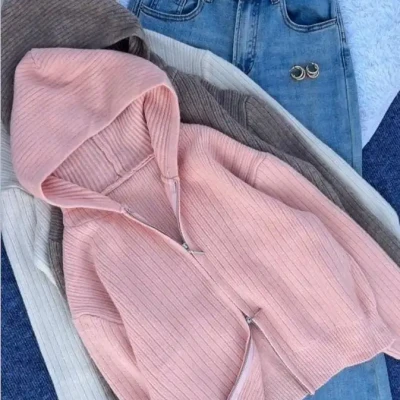 WOOLEN ZIPPER CARDIGAN WITH HOO...