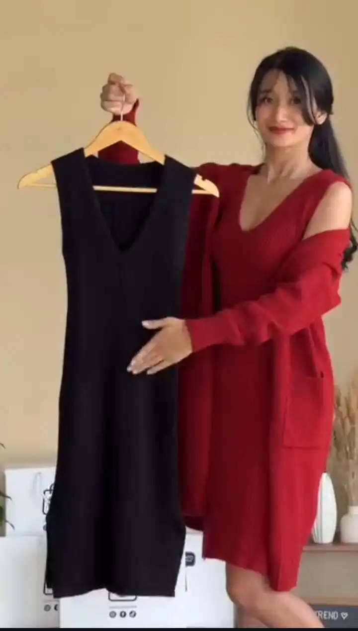 Product image of V NECK WOOLEN BODYCON WITH LONG CARDIGAN