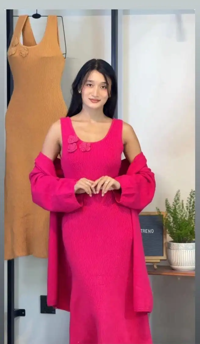 Product image of WOOLEN LONG DRESS WITH ROSE ATTACHED AND WITH LONG CARDIGAN