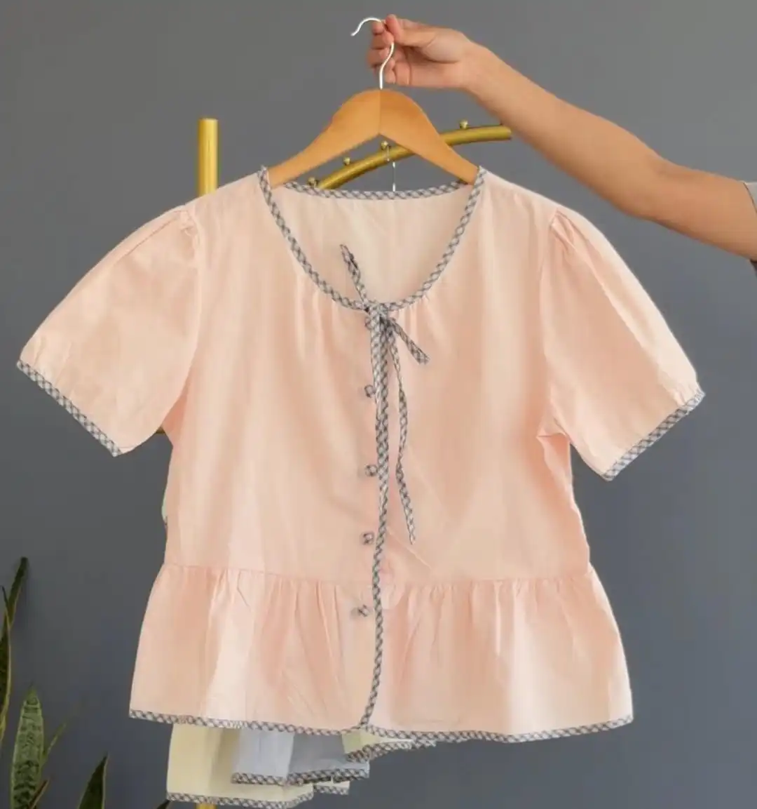 Product image of PEPLUM TOP WITH CHECKED DRAWSTRING