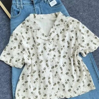 Linen crop shirt floral print