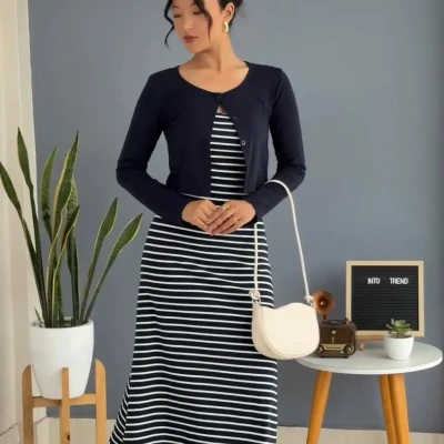 SRTIPE BODYCON WITH OUTER