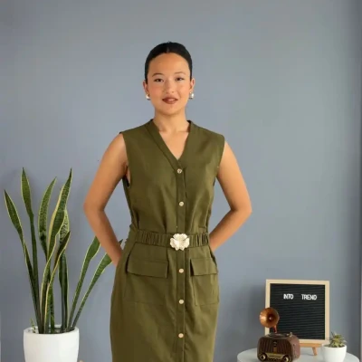 LINEN DRESS WITH GOLDEN FLOWER ...