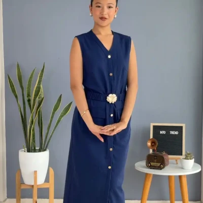 LINEN DRESS WITH GOLDEN FLOWER ...
