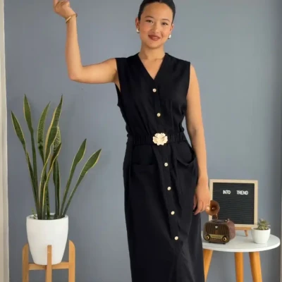 LINEN DRESS WITH GOLDEN FLOWER ...