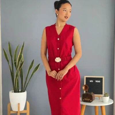 LINEN DRESS WITH GOLDEN FLOWER ...