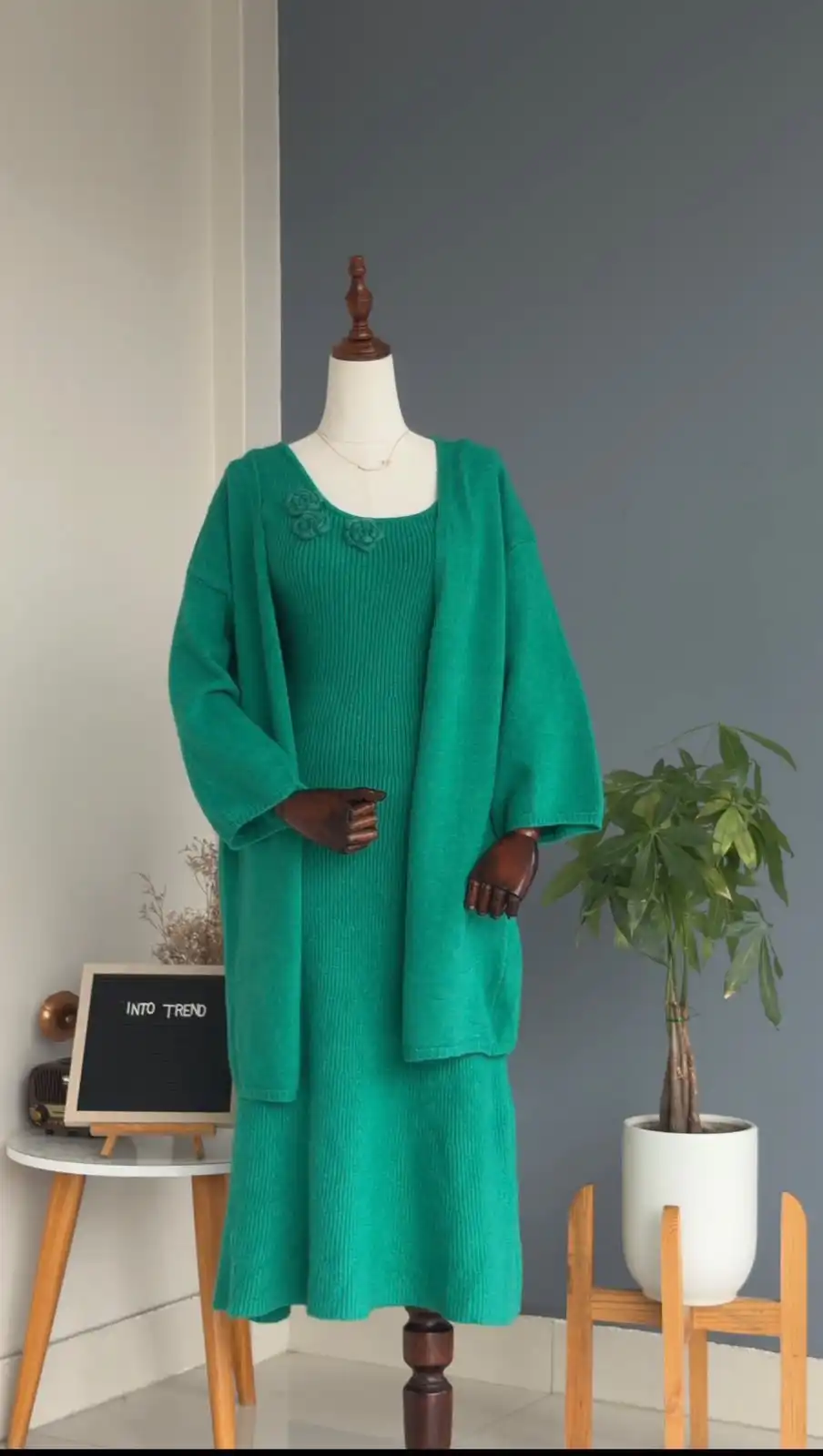 Product image of WOOLEN LONG DRESS WITH ROSE ATTACHED AND WITH LONG CARDIGAN