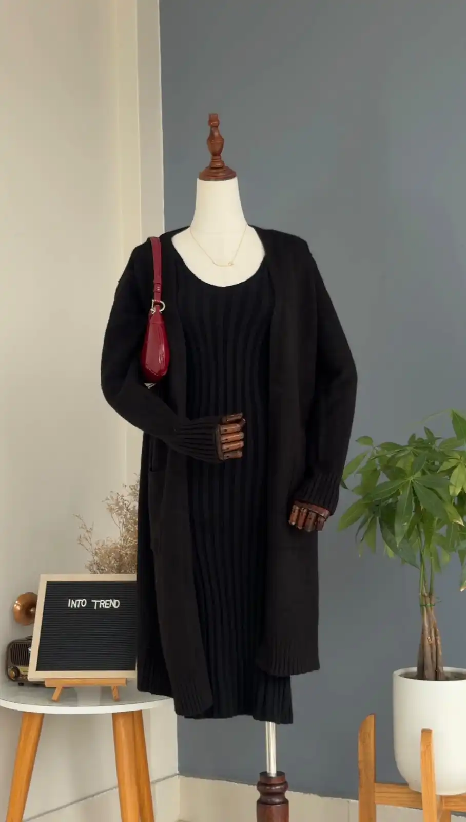 Product image of V NECK WOOLEN BODYCON WITH LONG CARDIGAN