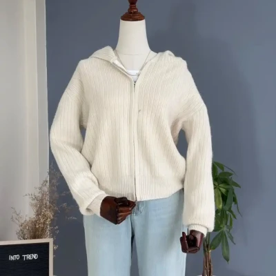 WOOLEN ZIPPER CARDIGAN WITH HOO...