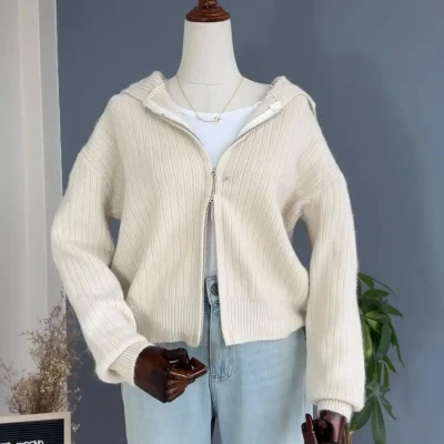 WOOLEN ZIPPER CARDIGAN WITH HOO...