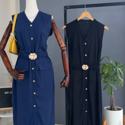 LINEN DRESS WITH GOLDEN FLOWER ...