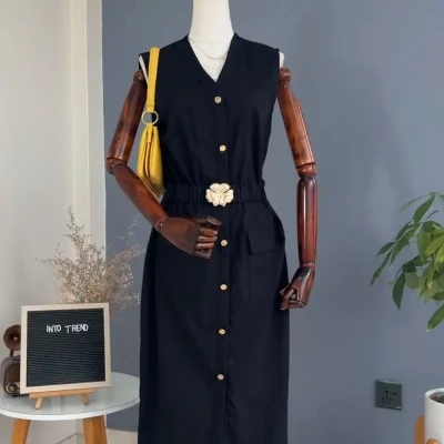 LINEN DRESS WITH GOLDEN FLOWER ...