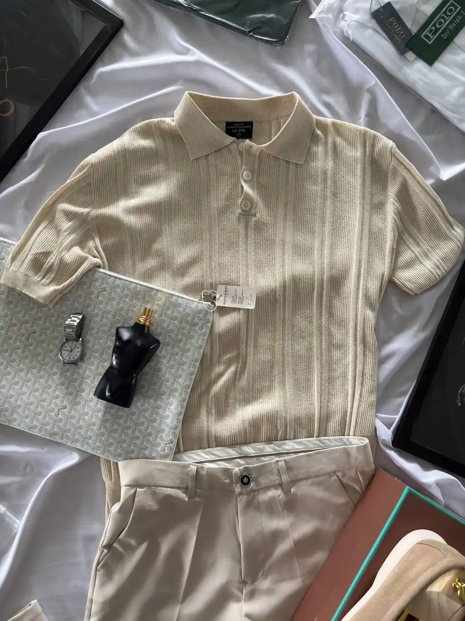 Product image of Old Money Summer Look – Beige Polo & Cream Trousers Set