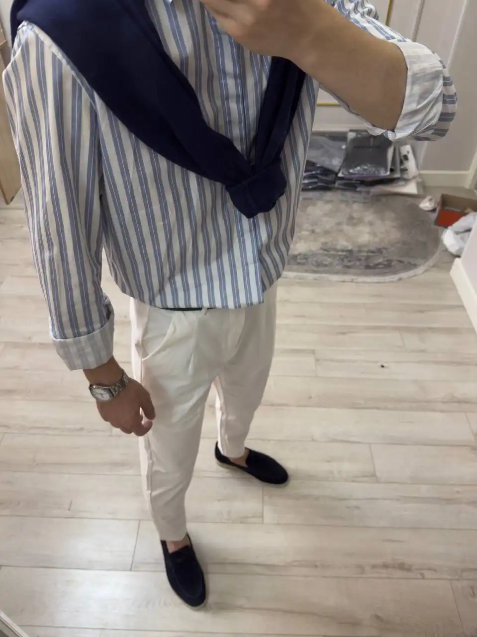 Product image of Old Money Spring Look – Striped Shirt & Navy Sweater