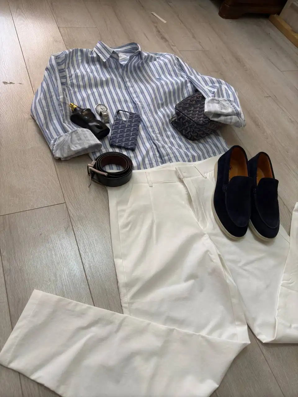 Product image of Old Money Spring Look – Striped Shirt & Navy Sweater
