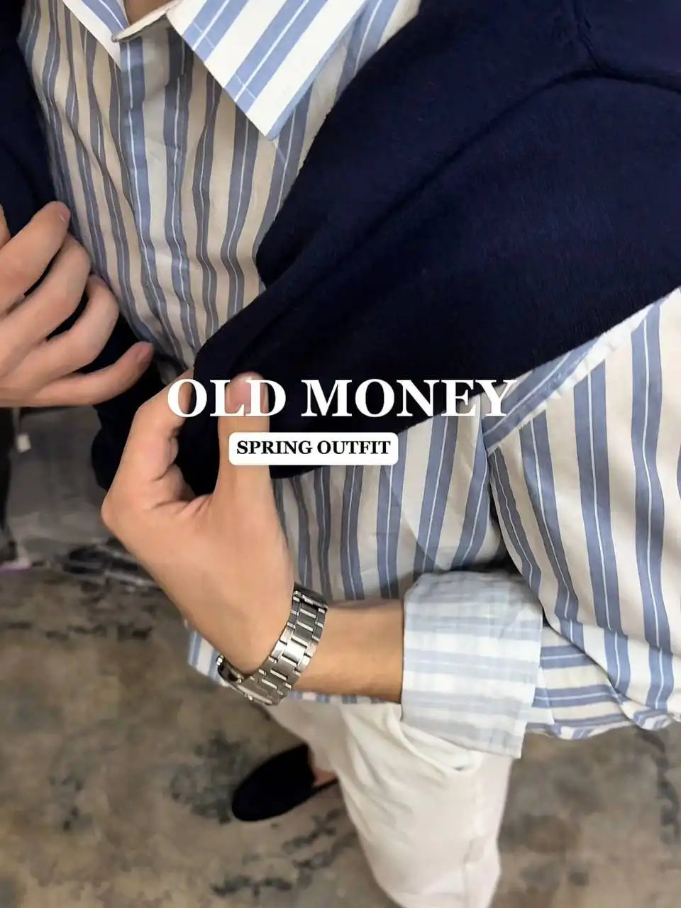Product image of Old Money Spring Look – Striped Shirt & Navy Sweater