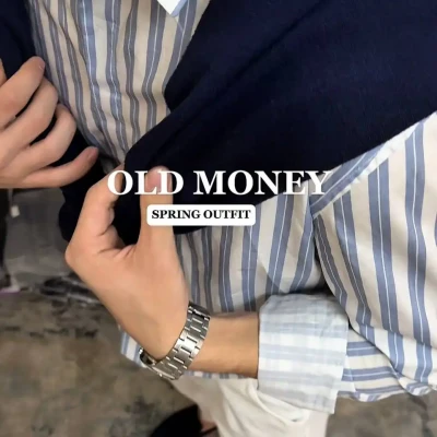 Old Money Spring Look – Striped Shirt & Navy Sweater