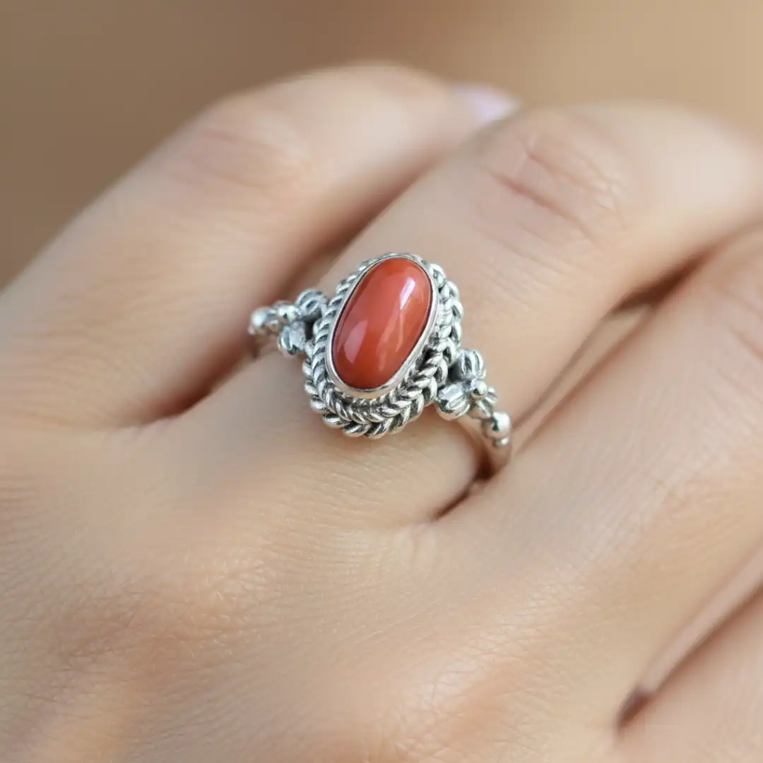 Product image of Red Coral  (Moonga) Sterling Silver Ring
