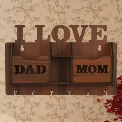 Product image of I Love You Mom Dad Key Holder For Living Room Wood Key Holder  (6 Hooks, Brown)