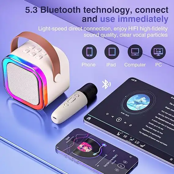Product image of Portable Bluetooth Karaoke Speaker with 2 Wireless Mics and LED Color Lights, Home