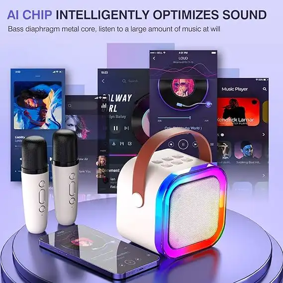 Product image of Portable Bluetooth Karaoke Speaker with 2 Wireless Mics and LED Color Lights, Home