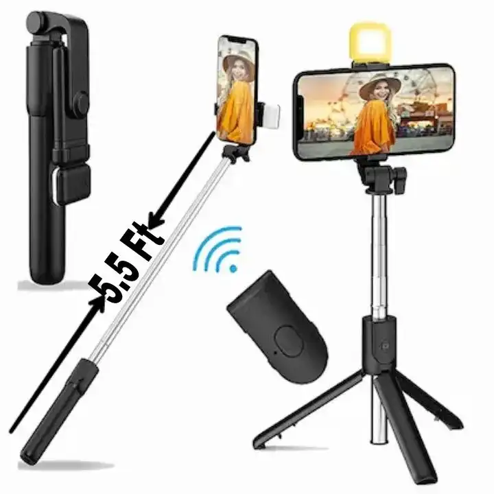 Product image of 5.5 Feet Long Bluetooth Selfie Stick with Tripod And Light-4 in 1