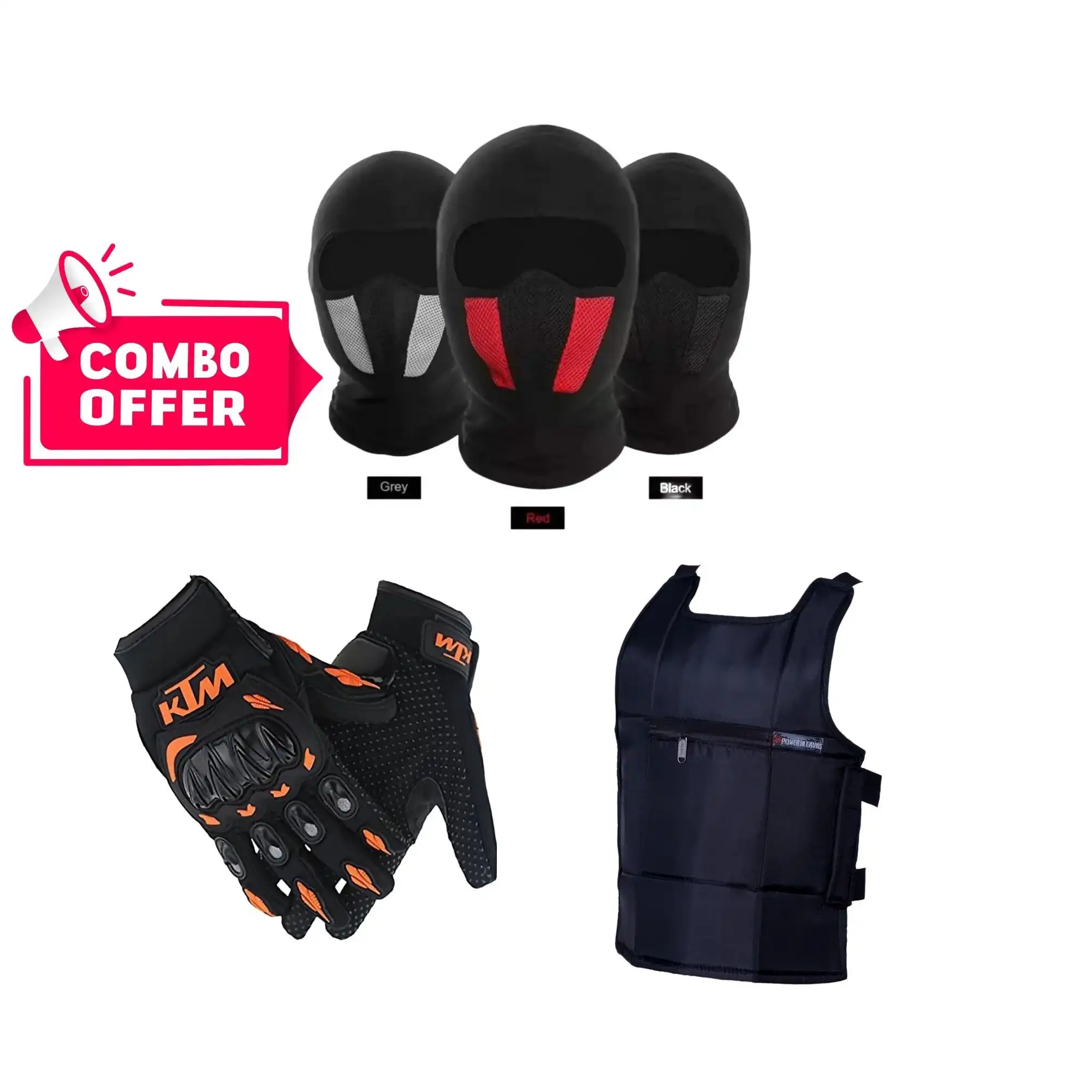 Product image of 3in 1 Rider's Combo Offer, KTM Gloves + M1 Full Ninja Mask + Windproof Chest Guard