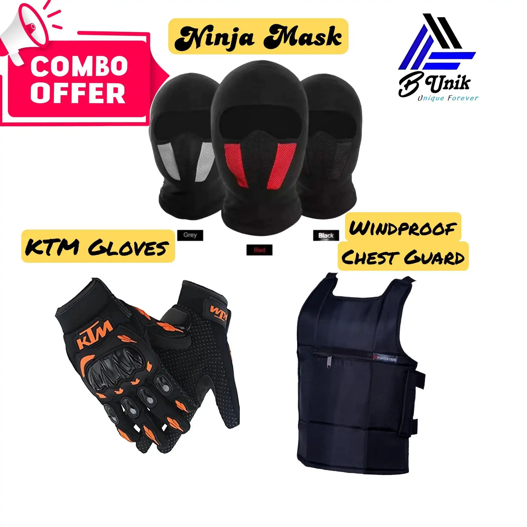 Product image of 3in 1 Rider's Combo Offer, KTM Gloves + M1 Full Ninja Mask + Windproof Chest Guard