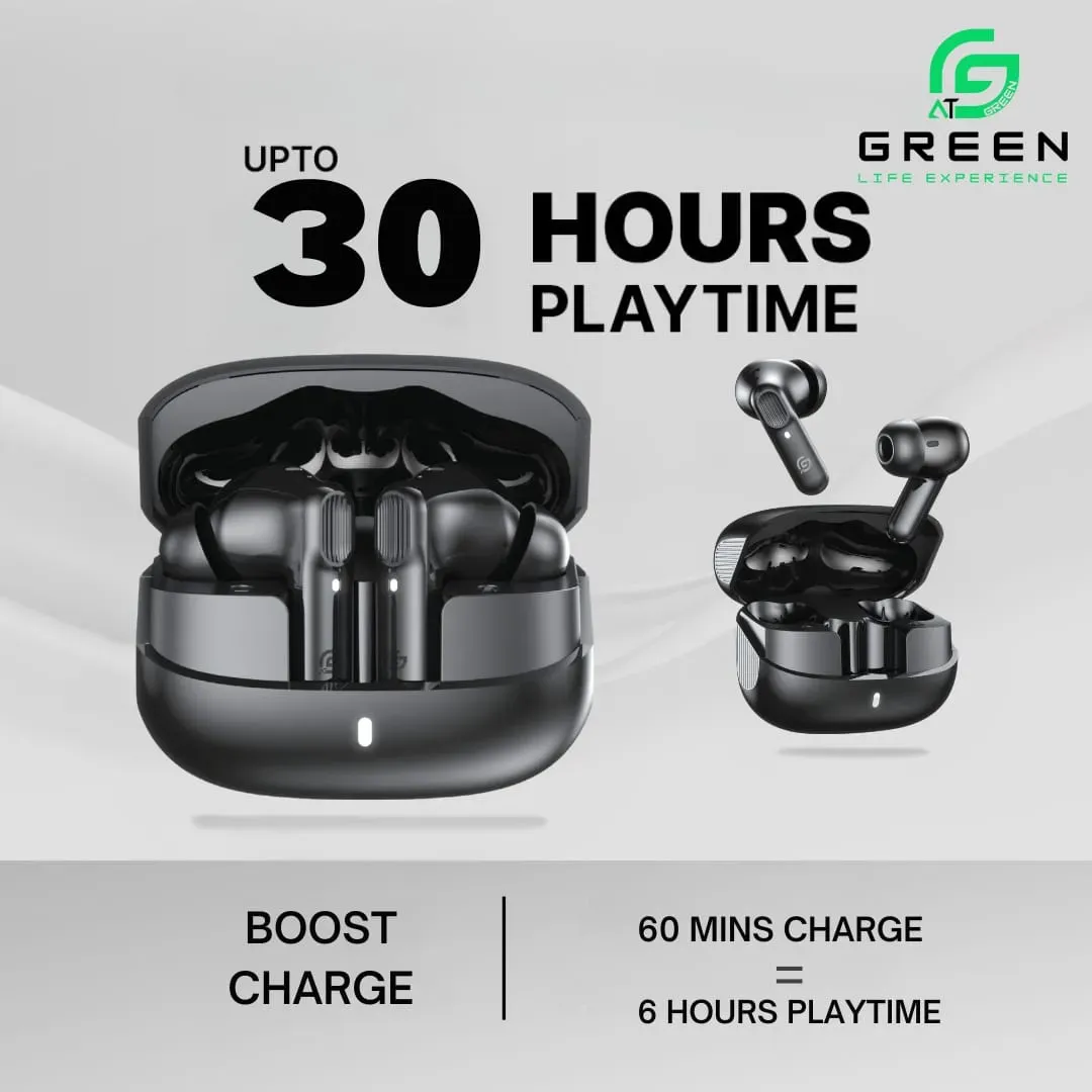 Product image of Green Airbeat-520 Dual Mic ENC Earbuds | Modern Sleek Design With Textured Lines