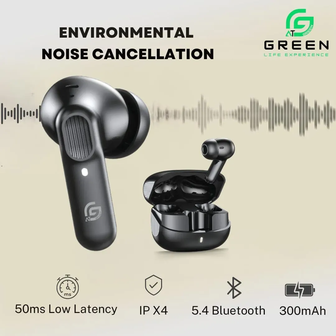 Product image of Green Airbeat-520 Dual Mic ENC Earbuds | Modern Sleek Design With Textured Lines