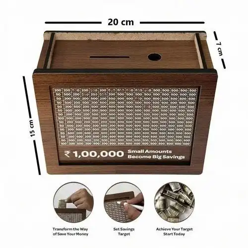 Product image of Wooden Piggy Bank | Money Saving Box with 1 Lakh Goal Tracker for Kids & Adults