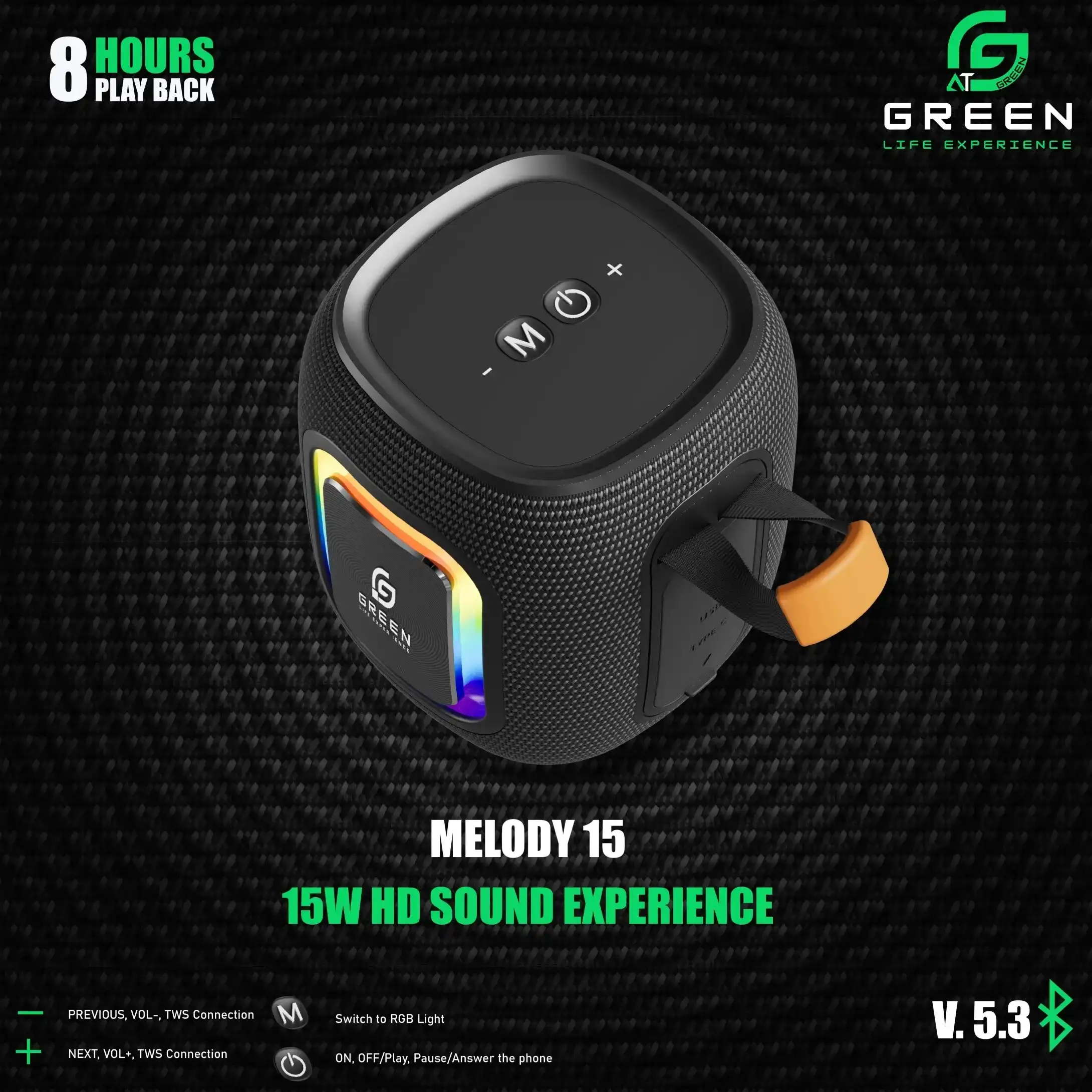 Product image of Green Melody-15 | Portable Bluetooth Speaker | 15 Watt | Heavy Bass | 8 Hours | RGB Light | Type-c | 2500 mAh