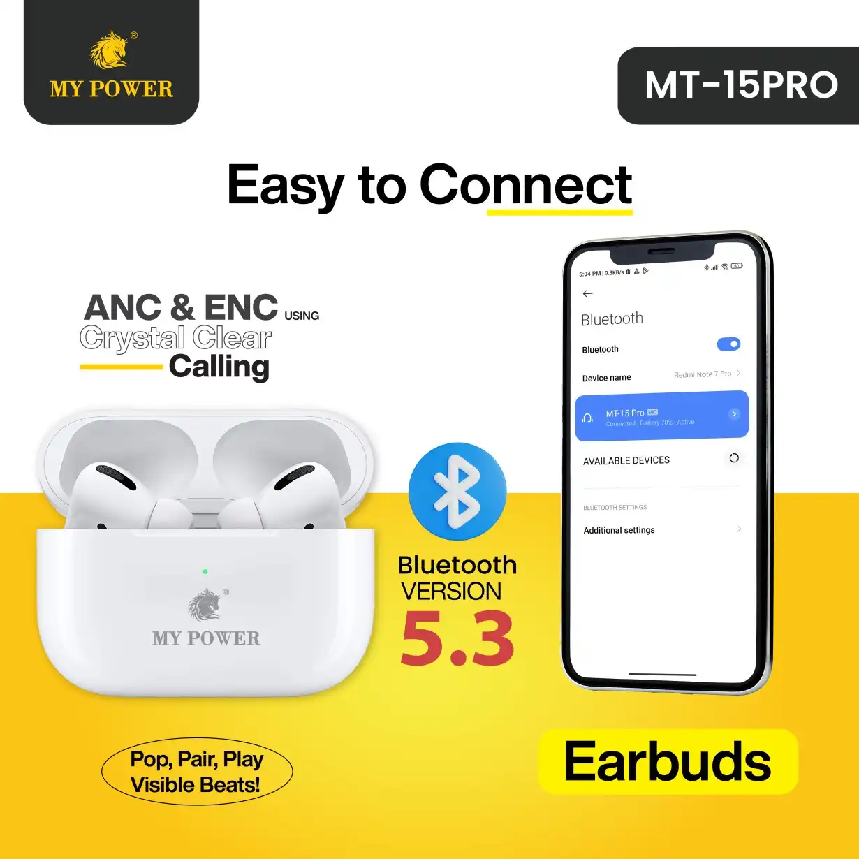 Product image of ANC + ENC Wireless Bluetooth 5.3 Earbuds with 20H Backup