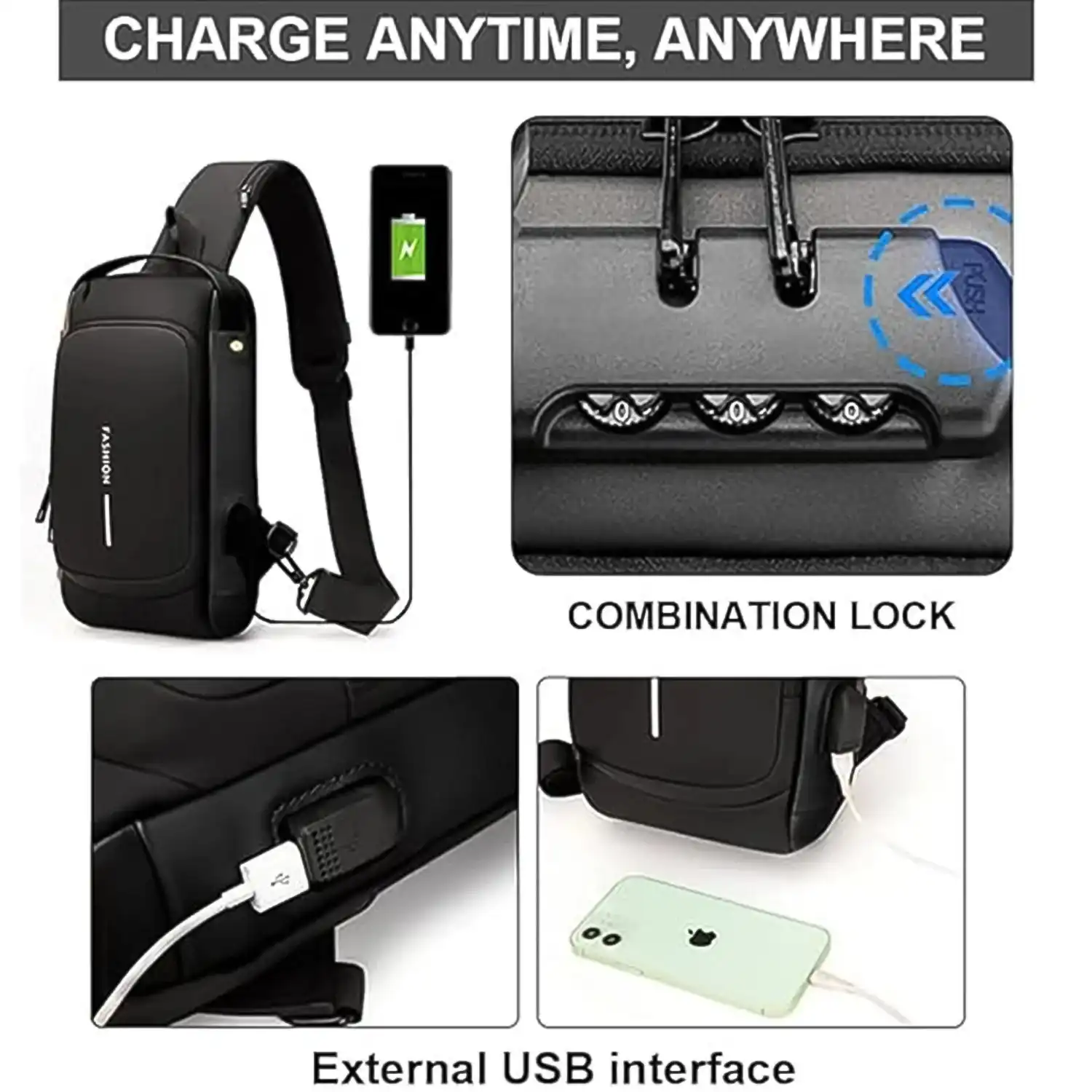 Product image of Trendy Anti-Theft Crossbody Sling Bag with USB Charging Port (1 Pc)