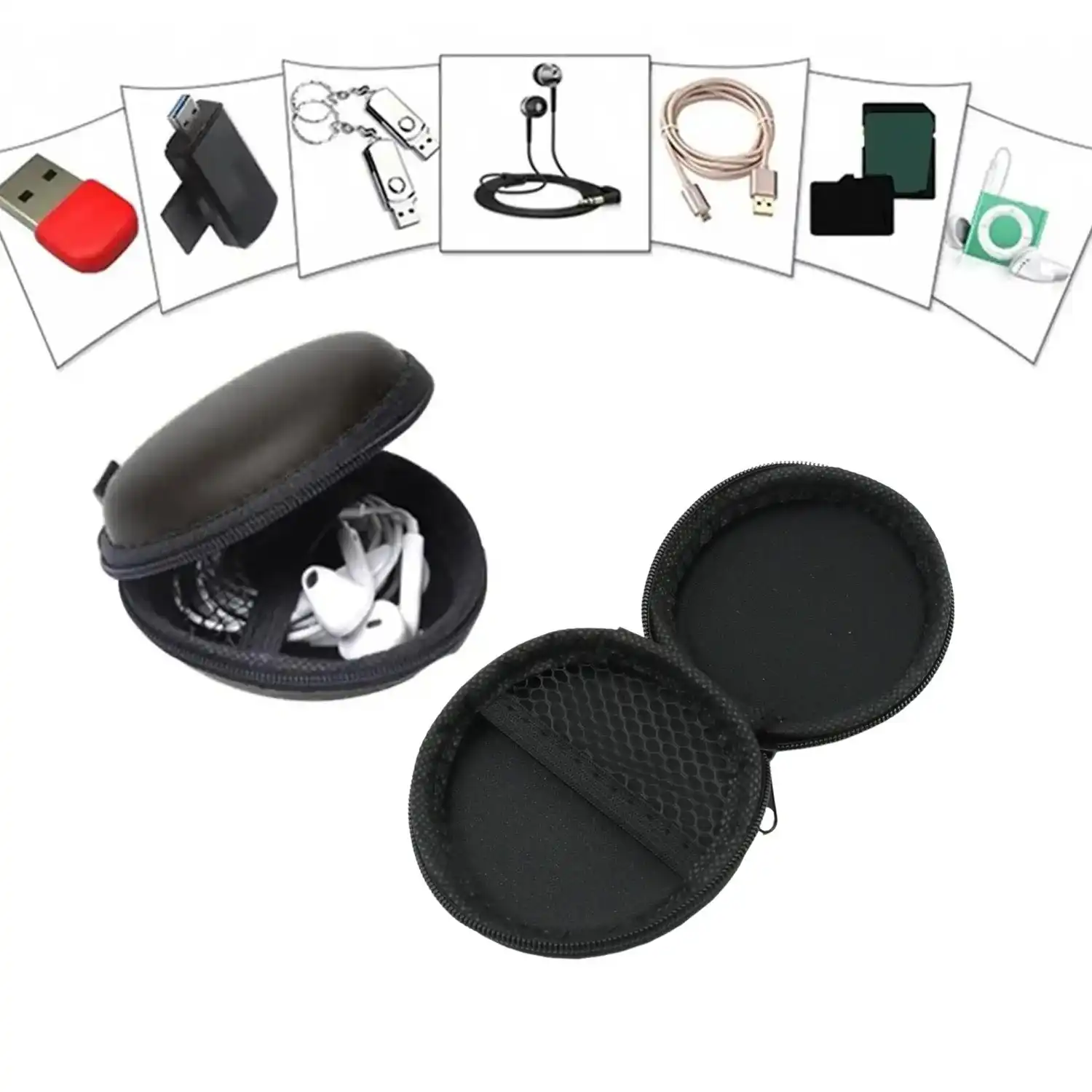 Product image of Cute Round Earphone Carrying Case - Multi-Use Pocket Pouch for Headphones, Cables, Coins, Airpods & More