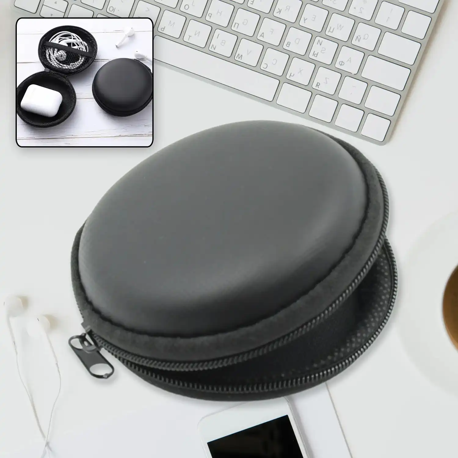Product image of Cute Round Earphone Carrying Case - Multi-Use Pocket Pouch for Headphones, Cables, Coins, Airpods & More