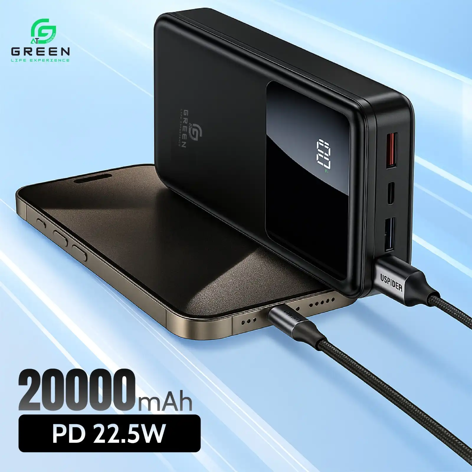 Product image of Green Turbo-20 20000mAh Fast Powerbank | 22.5W PD | Digital Display | NepoMart