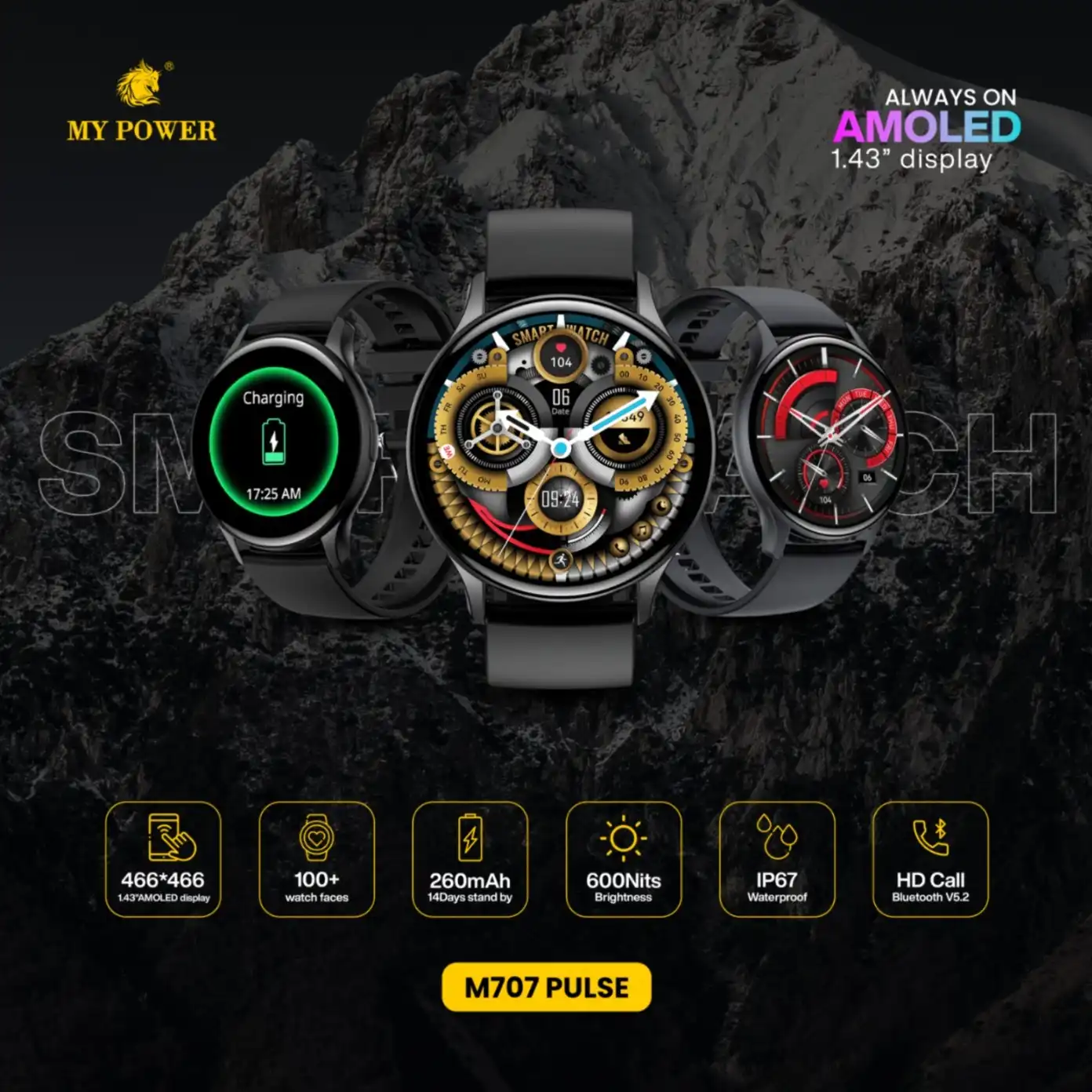 Product image of AMOLED Smart Watch M707Pulse – HD Bluetooth Calling, IP68 Waterproof Fitness Tracker (Black)