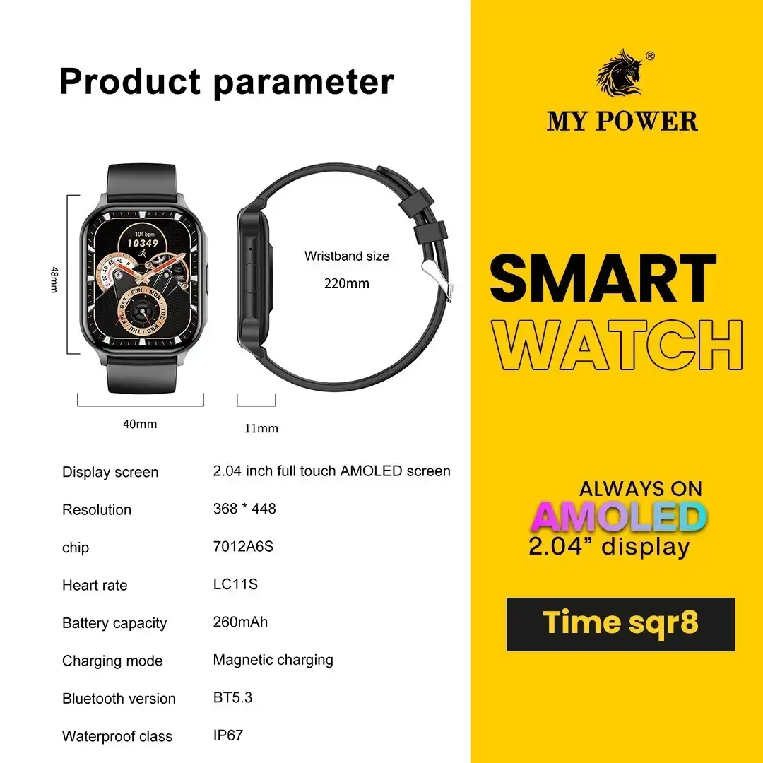 Product image of Timesqr 8 Smart Watch – 2.04” Ultra HD AMOLED Display, Bluetooth 5.2, IP67 Waterproof Fitness Tracke