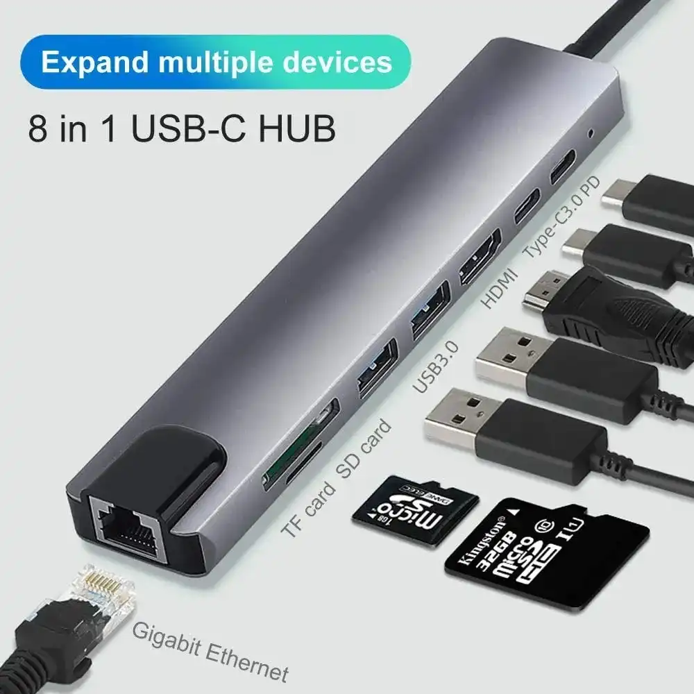 Product image of Genuine USB C Hub (8 in 1 Multifunction Adapter for MacBook & Windows) / USB Docking Station / 4K HDMI, HDTV, SD/TF card, RJ45, USB C