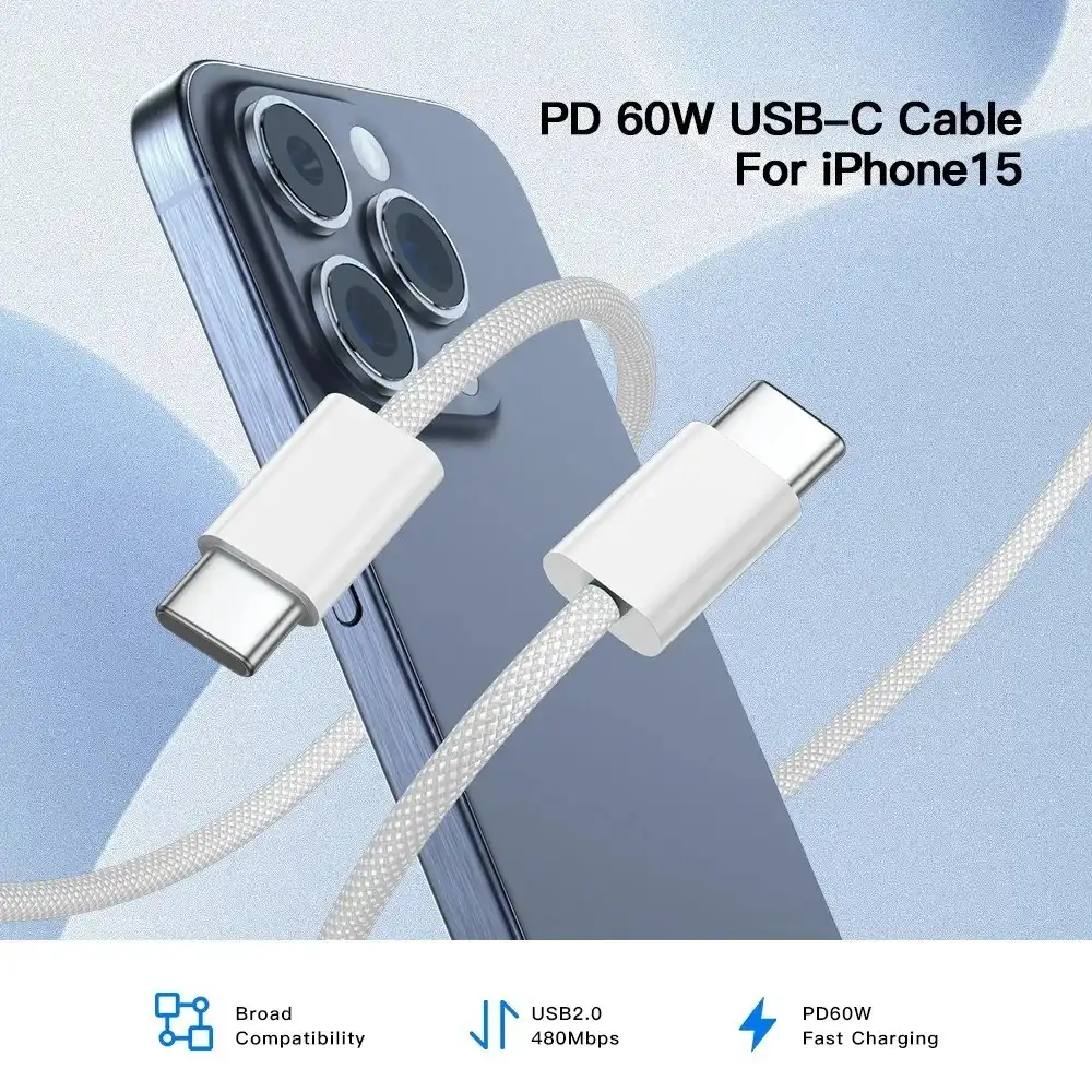 Product image of PD 60W Original USB-C to Type-C Cable for iPhone 15 Plus 16 Pro Max Dual Type C Fast Charging Braided Cable for S24 S25