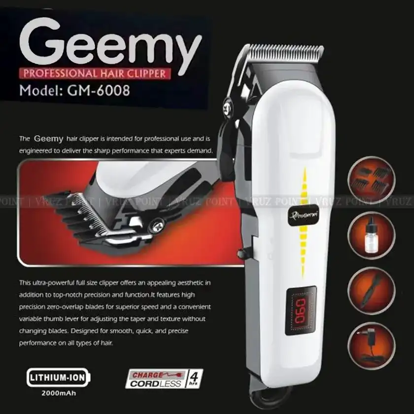 Product image of Geemy GM-6008 Professional Hair Clipper – Rechargeable Hair & Beard Trimmer with LCD Display