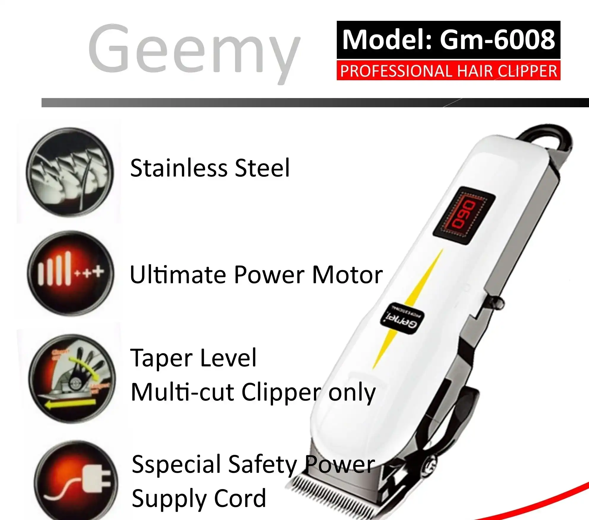 Product image of Geemy GM-6008 Professional Hair Clipper & Beard Trimmer – Rechargeable Cordless Hair Cutting Machine with LCD Display