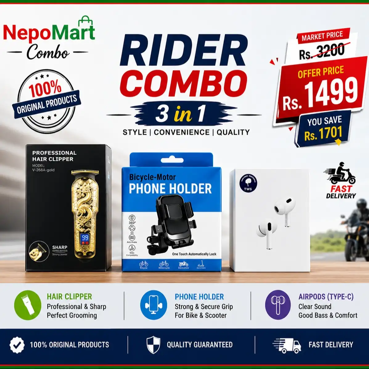 Product image of NEPOmart Rider Combo 3-in-1 – Hair Clipper, Bike Phone Holder & Type-C AirPods