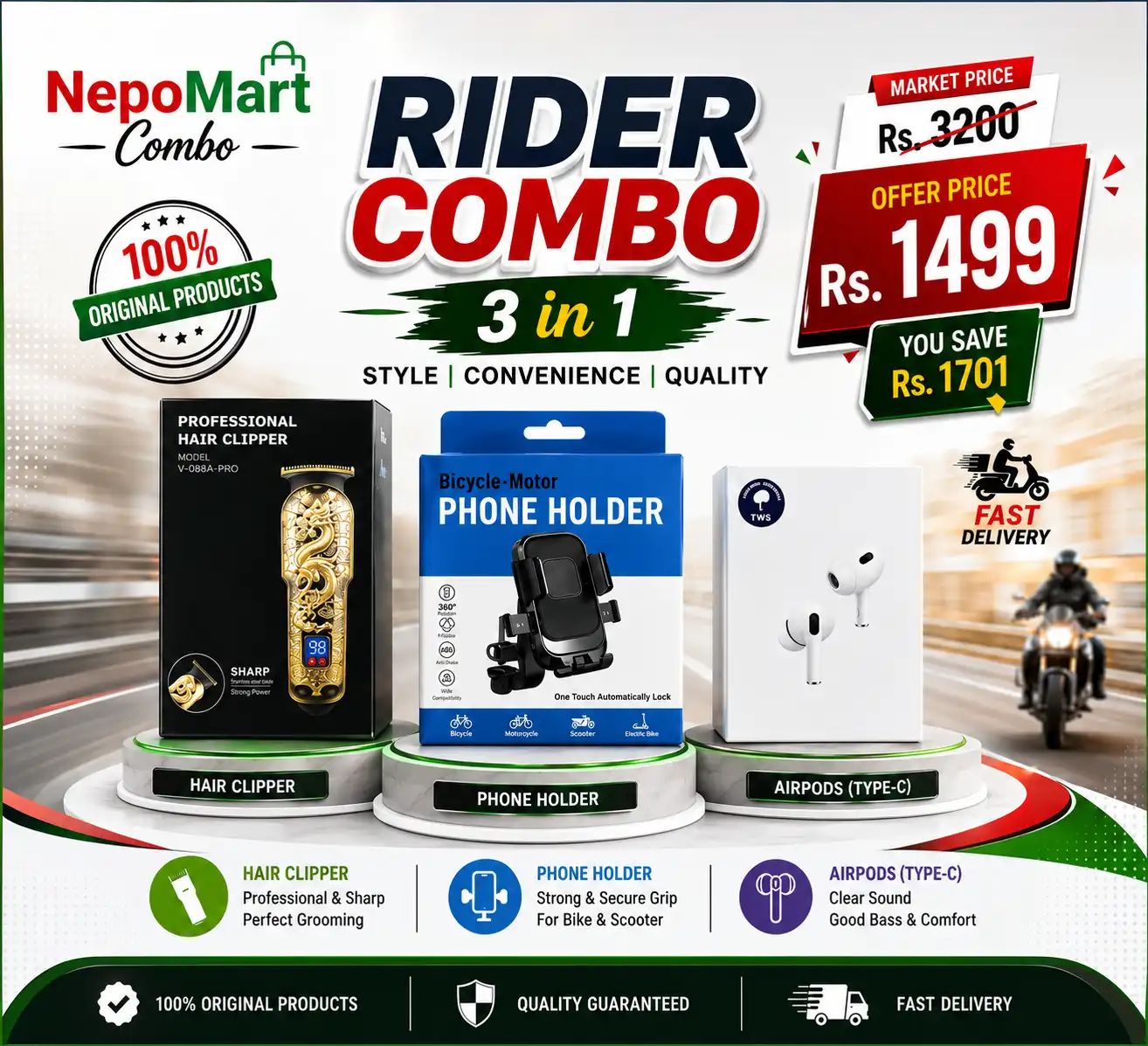 Product image of NEPOmart Rider Combo 3-in-1 – Hair Clipper, Bike Phone Holder & Type-C AirPods
